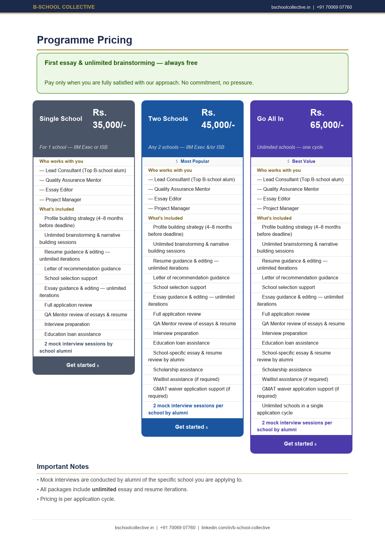 B-School Collective pricing brochure page 2 preview